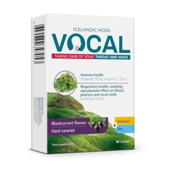 VOCAL cietās karameļu pastilas ar upeņu garšu, 24 gab.