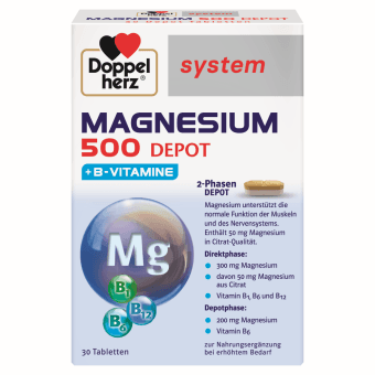 DOPPELHERZ MAGNESIUM 500 DEPOT + B-VITAMINE, 30 tabletes