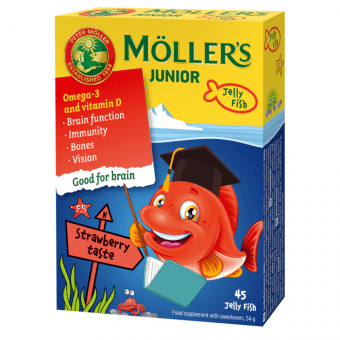 MOLLERS JUNIOR želejas zivtiņas ar zemeņu garšu, 45 gab.