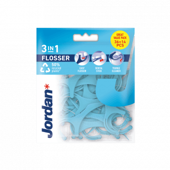 JORDAN 3-in-1 starpzobu diegs, mēles tīrītājs un zobu bakstāmais, 36 gab.