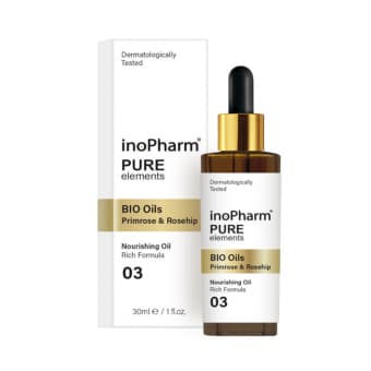 INOPHARM eļļa sejai ar naktssveces,mežrozīšu bioeļļām un E vitamīnu, 30 ml