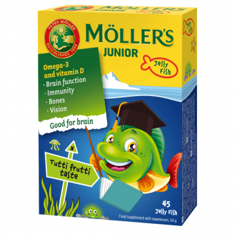 MOLLERS JUNIOR želejas zivtiņas ar augļu garšu, 45 gab.