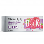 VITAMINS D3+K2, 30 košļājamās tabletes